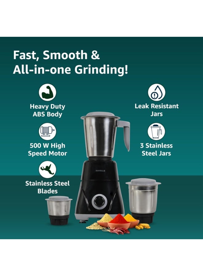 هافلز Havells Pulse 500 Watt Mixer Grinder|3 Stainless Steel Leak-Resistant Jars (400ml, 800ml, 1.2L)|3 Speed Control|Heavy-Duty ABS Body|Durable SS Blades|Air Vent Technology |1 Year Product Warranty|Black - Image 2